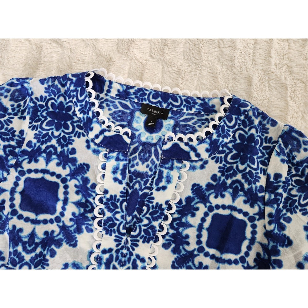 Talbots Petite Women Blue‎ White Scalloped V Neck Tunic Top Size P